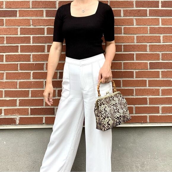 Handmade Real hair-on-horsehide Black Lace Printed Metal Frame Bamboo Handle Bag - Picture 8 of 16